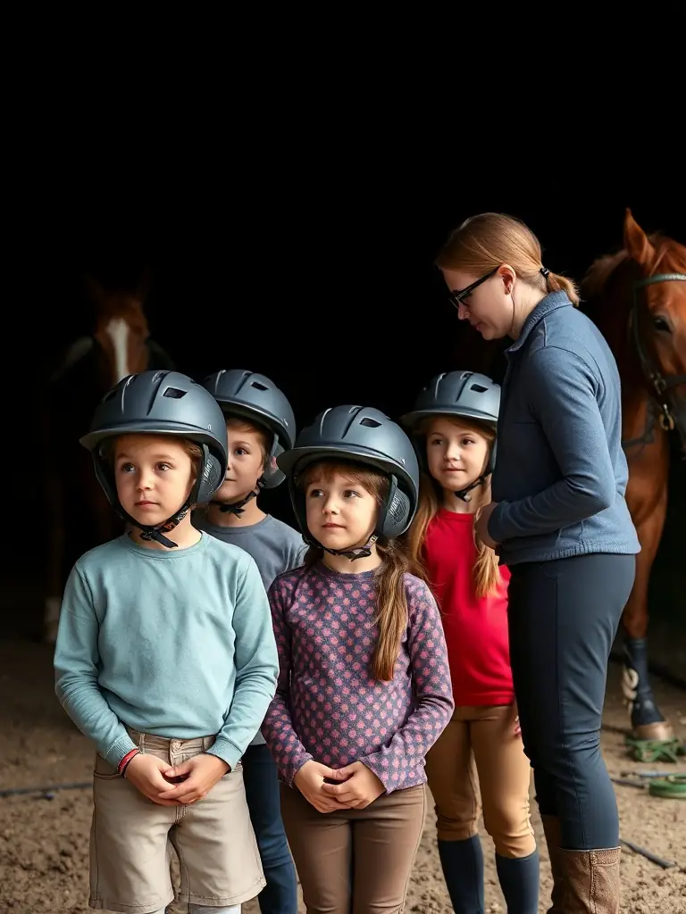 A group of children learning basic horsemanship skills, such as grooming and leading, under the supervision of experienced instructors.