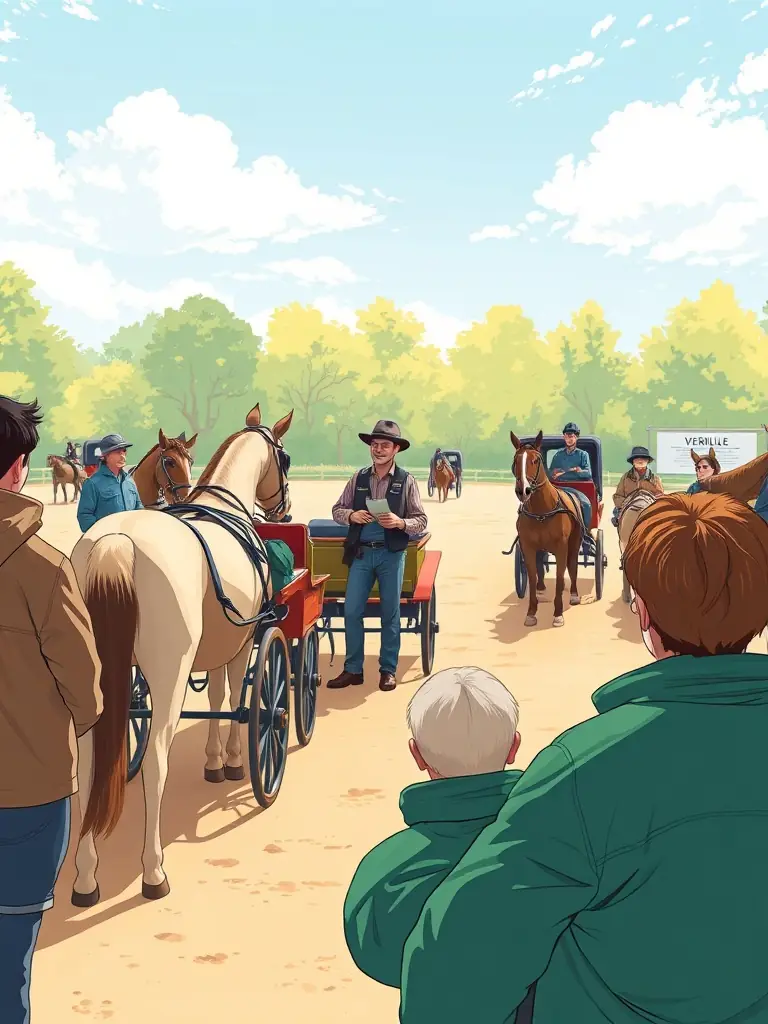 A dynamic image of a VERDILLE ATTELAGES training workshop, with experienced instructors guiding participants in carriage driving techniques.