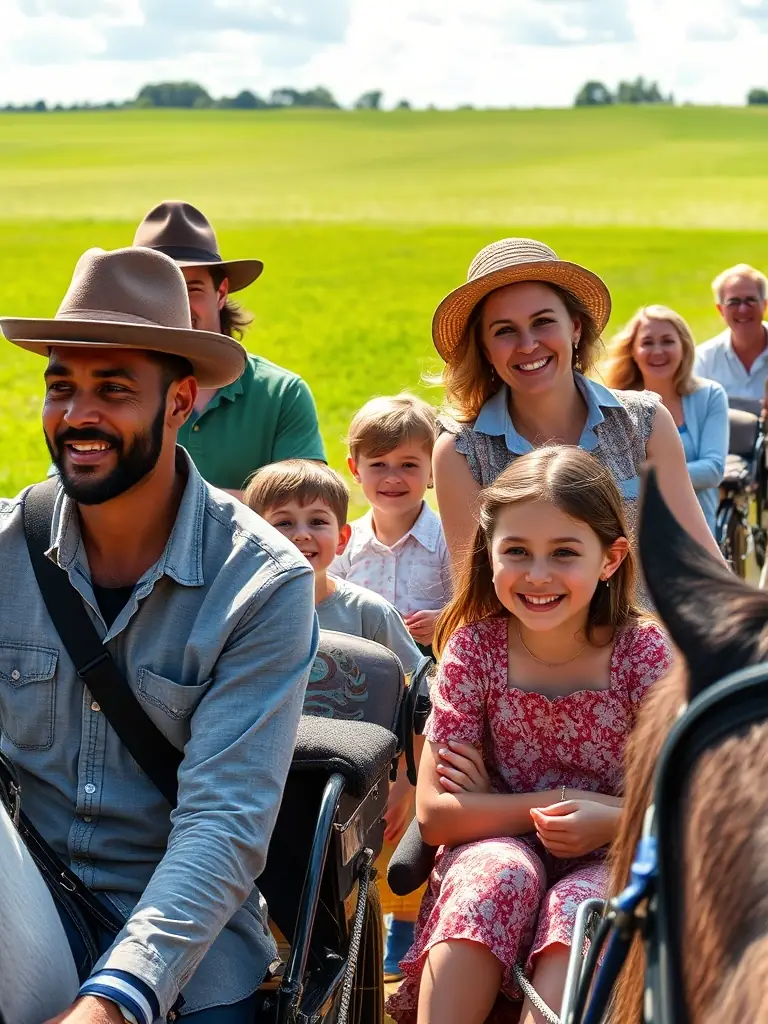 A vibrant image depicting participants of all ages enjoying a carriage driving session at VERDILLE ATTELAGES, showcasing the inclusive nature of the program.