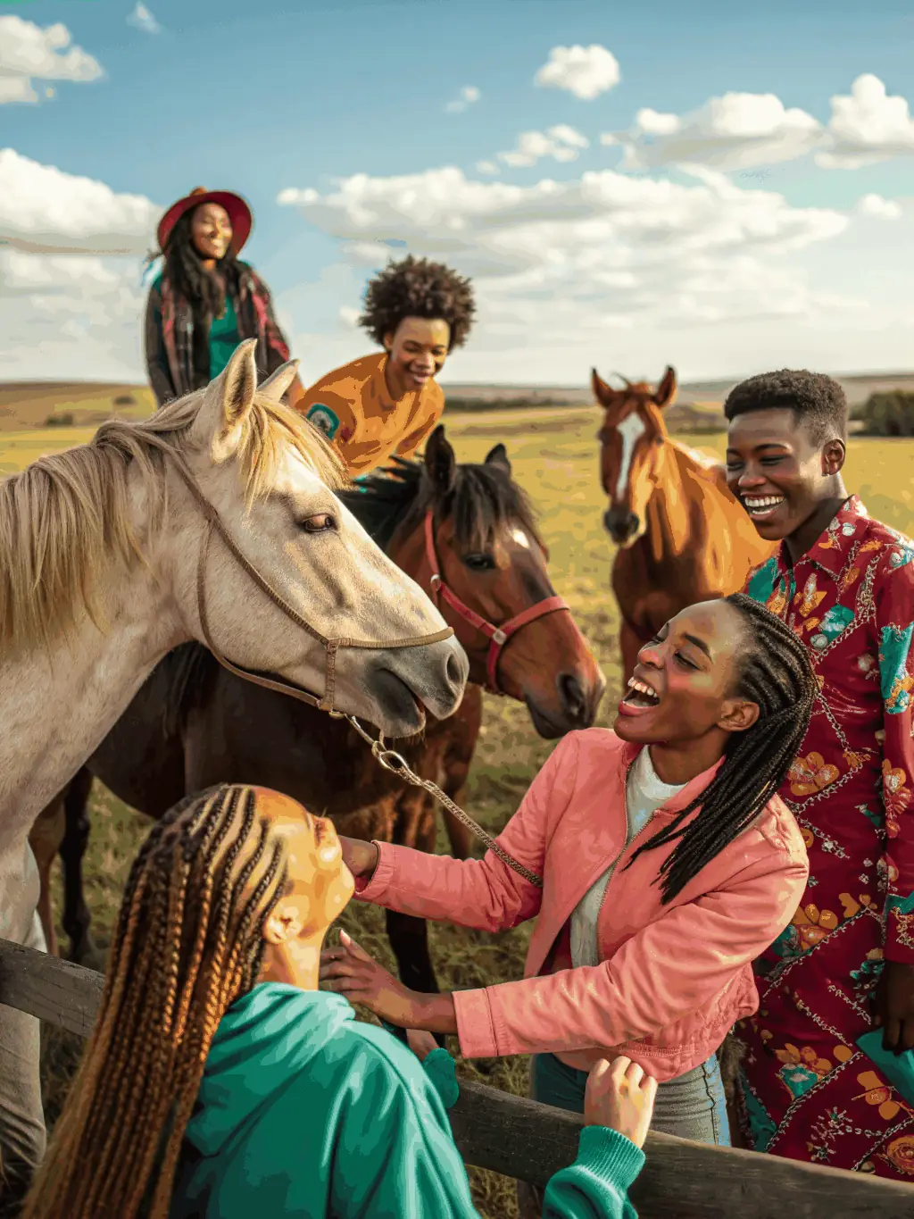 A wide shot of a group of participants enjoying a carriage driving event at VERDILLE ATTELAGES, emphasizing the safe and supportive environment.