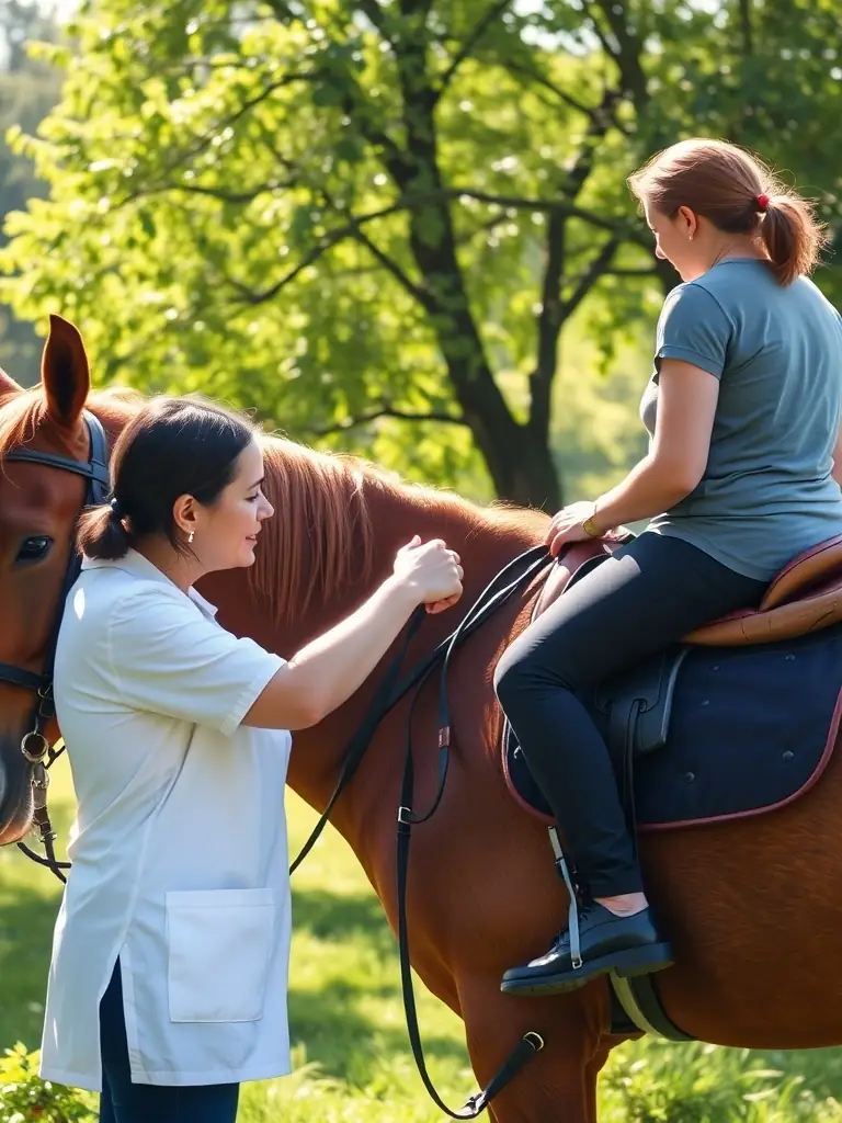 A serene image of a therapeutic riding session, where an individual with disabilities is guided on horseback, demonstrating the healing power of horses.