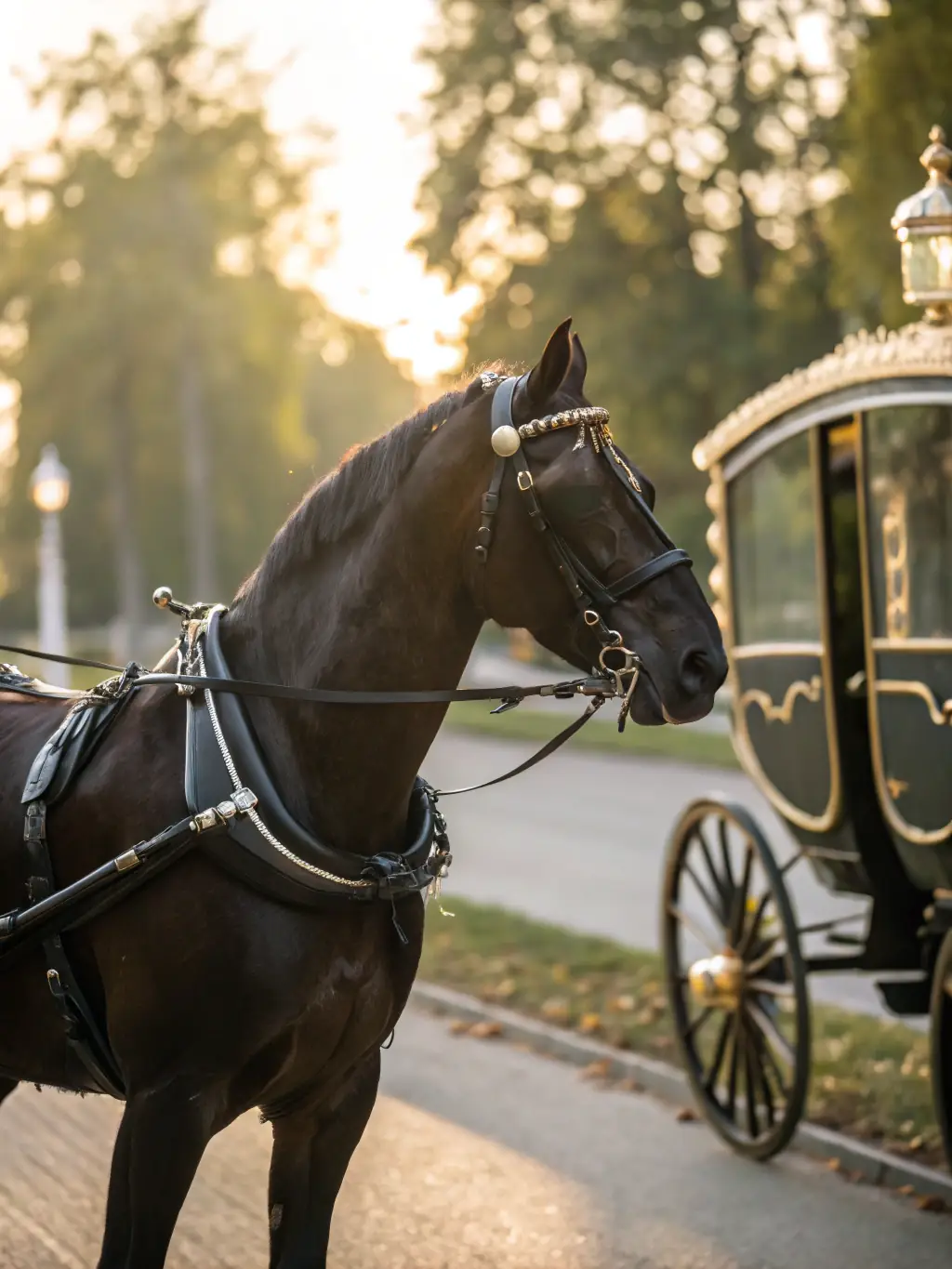 A scenic view of a horse-drawn carriage traversing a beautiful countryside landscape, representing the unique experience offered by VERDILLE ATTELAGES.